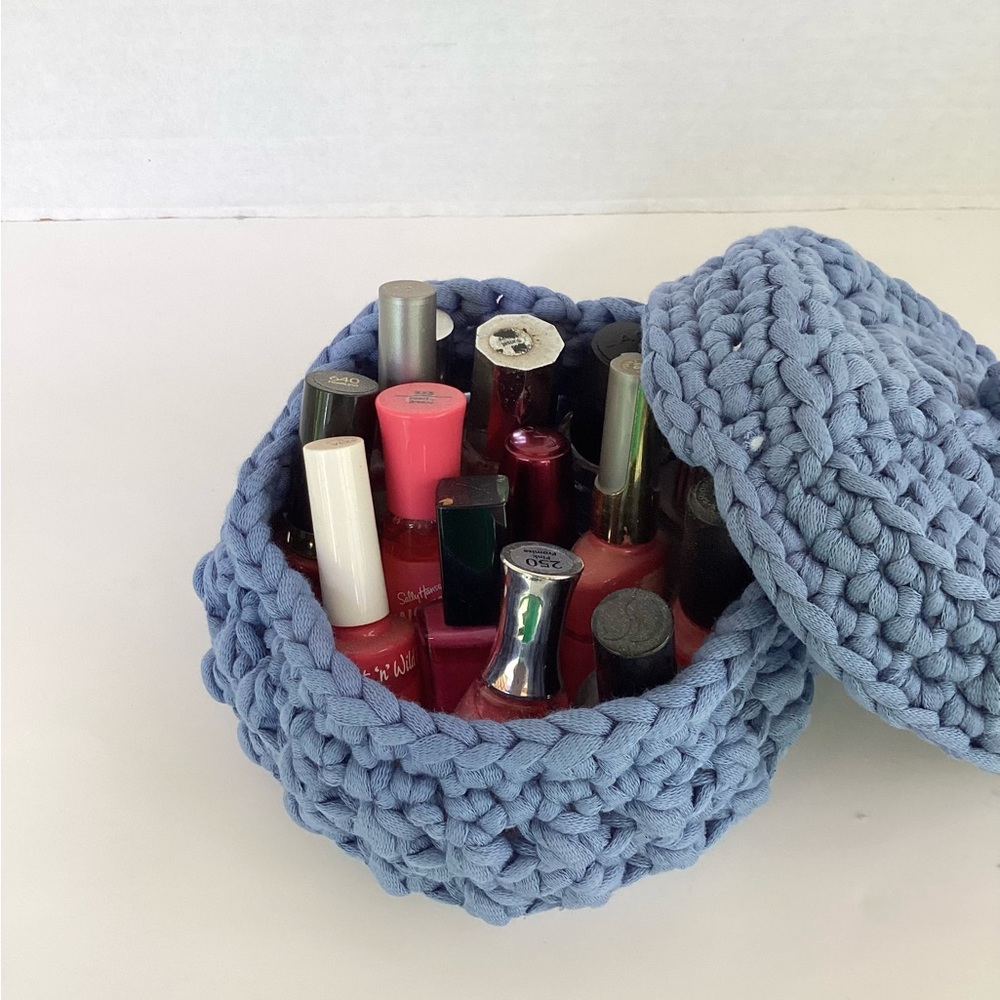 Bowl Lidded Hand Crafted Container Crochet Cotton Denim Blue Boho - Picture 11 of 16